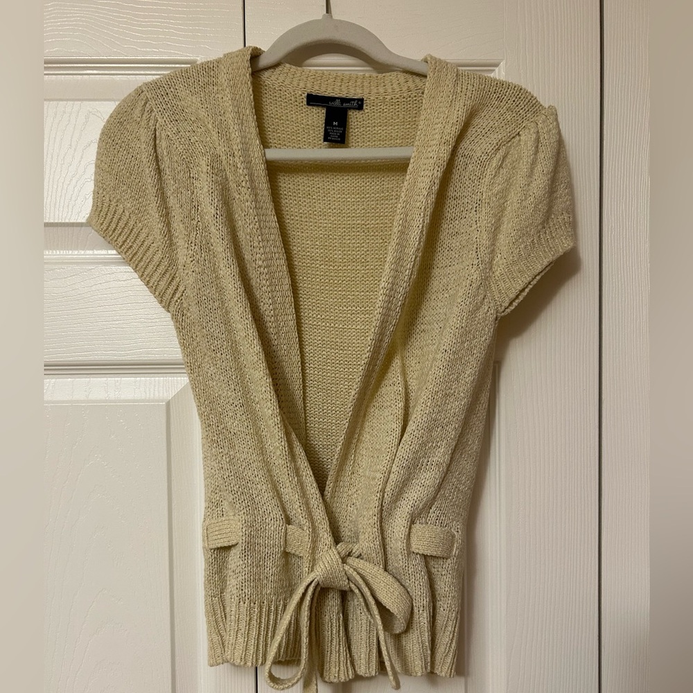 Willi Smith Open Front Cardigan Sweater Acrylic Blend M Cream Beige W/Tie